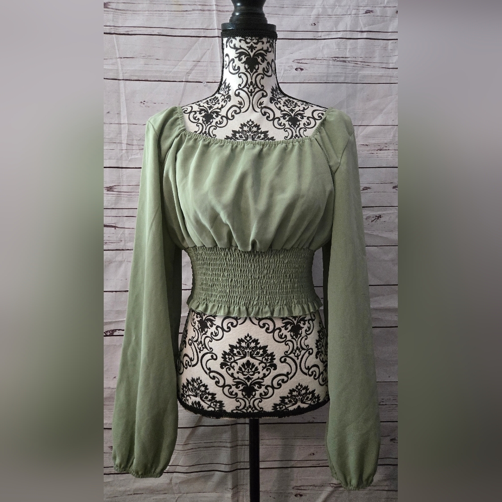 SHEIN Green Smocked Long Sleeve Blouse